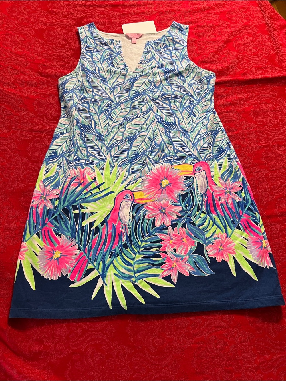 Lilly Pulitzer Beacon Dress Large Tropical Toucan Floral Print Sleeveless Knit